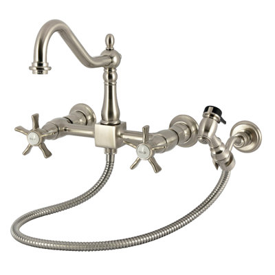 Kingston Brass Hamilton Double-Handle 3-Hole Wall-Mount Bridge Kitchen Faucet With Brass Sprayer
