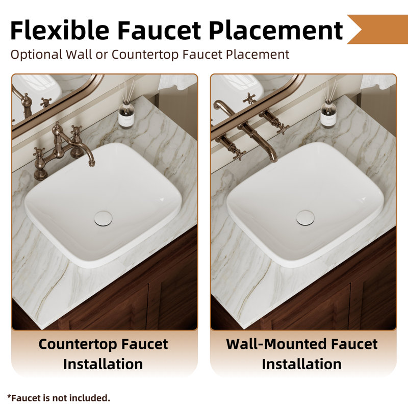 Los Flexi Semi Recessed Vessel Sink, Rectangular Ceramic Drop In Bathroom Sink with Pop-up Drain, 17" L x 15" W, White