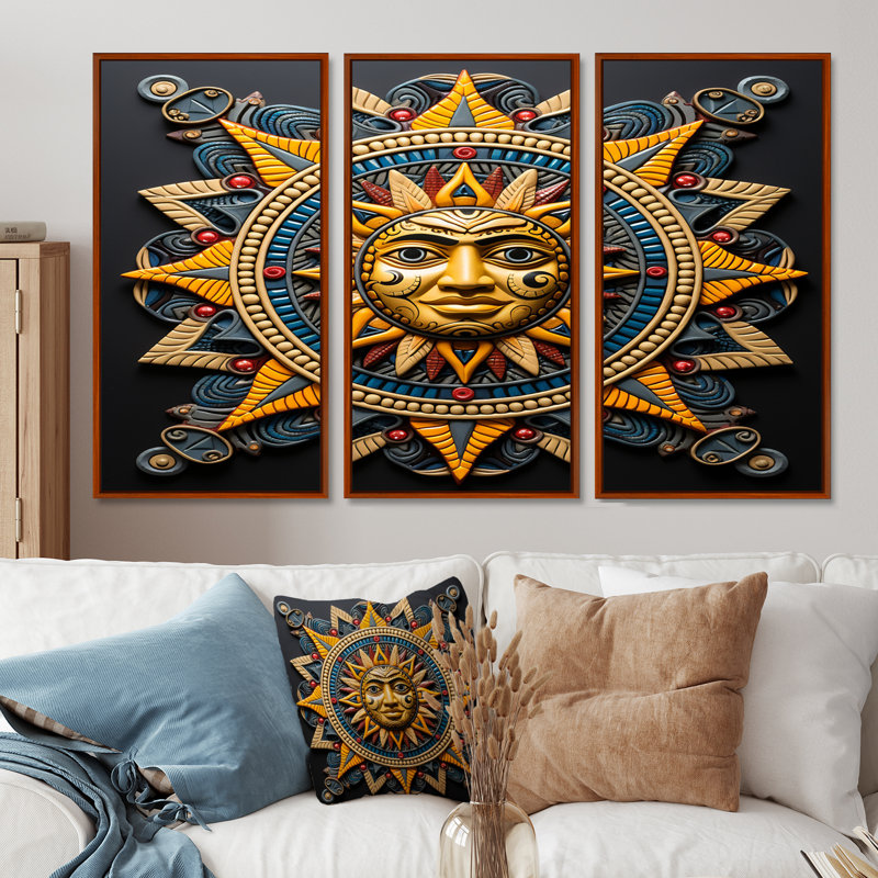 Soleil souriant bleu et jaune - ensemble d'art mural mandala bohème, Cadre flottant brun, H 32 po x l 48 po x P 1 po