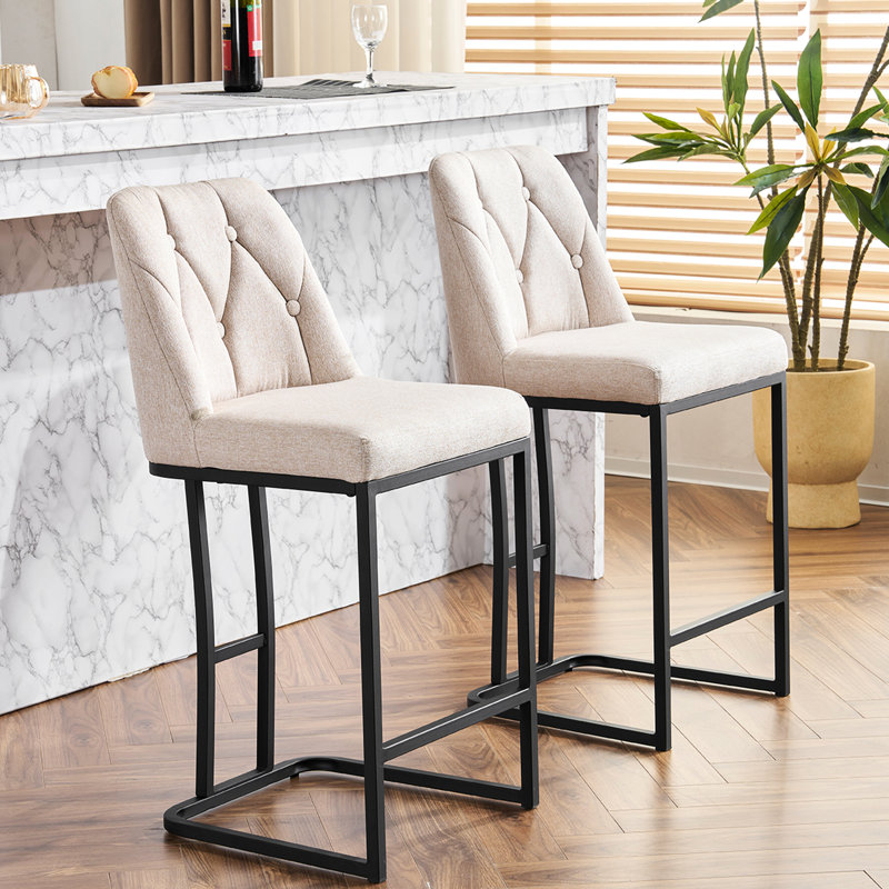 Tabouret de bar moderne rembourré de 2 pièces - Structure en métal robuste, à boutons, beige