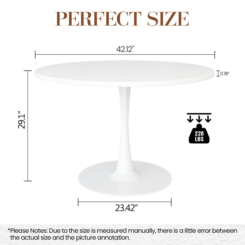 Indars Round Metal Base Dining Table, White, 42.1" W x 42.1" L