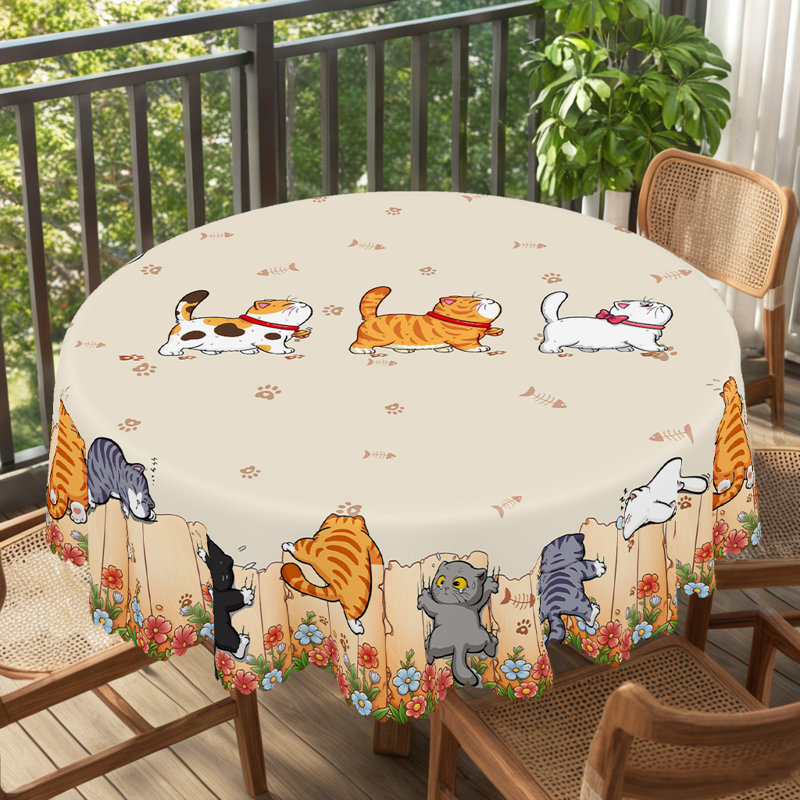 1pc Whisker Wonders Cute Cat Tablecloth - Round & Rectangle Table Cover With Cartoon Kittens & Flowers, Paw, Perfect Gift For Cat Lovers, Cat Gifts, Holiday Party, Wedding Ceremony, Kitchen Accessory, Indoor/Outdoor Use For Christmas, Thanksgiving
