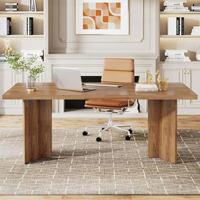 63'' Farmhouse Executive Desk with Thickened Top, Brown