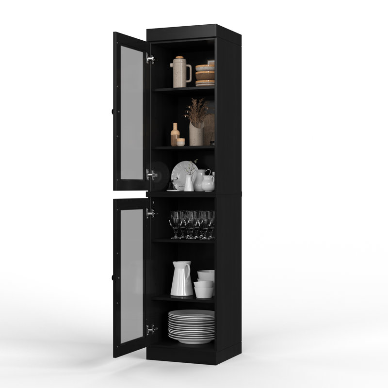 Garde-manger Jaylena 100% bois massif 16,5 po avec portes en verre transparent et tablettes réglables, Noir