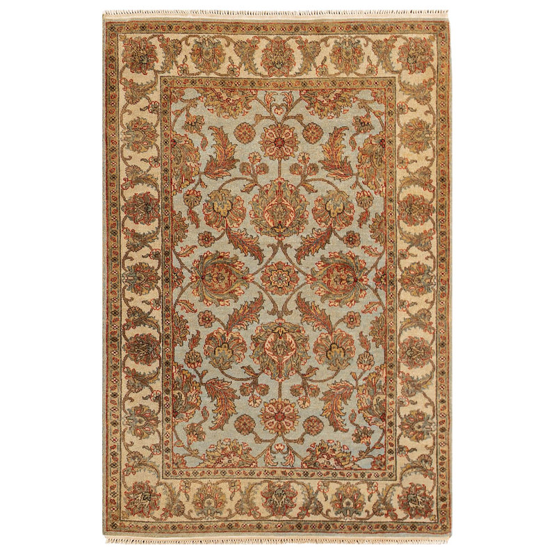 Tapis bleu clair et beige noué à la main de haute qualité