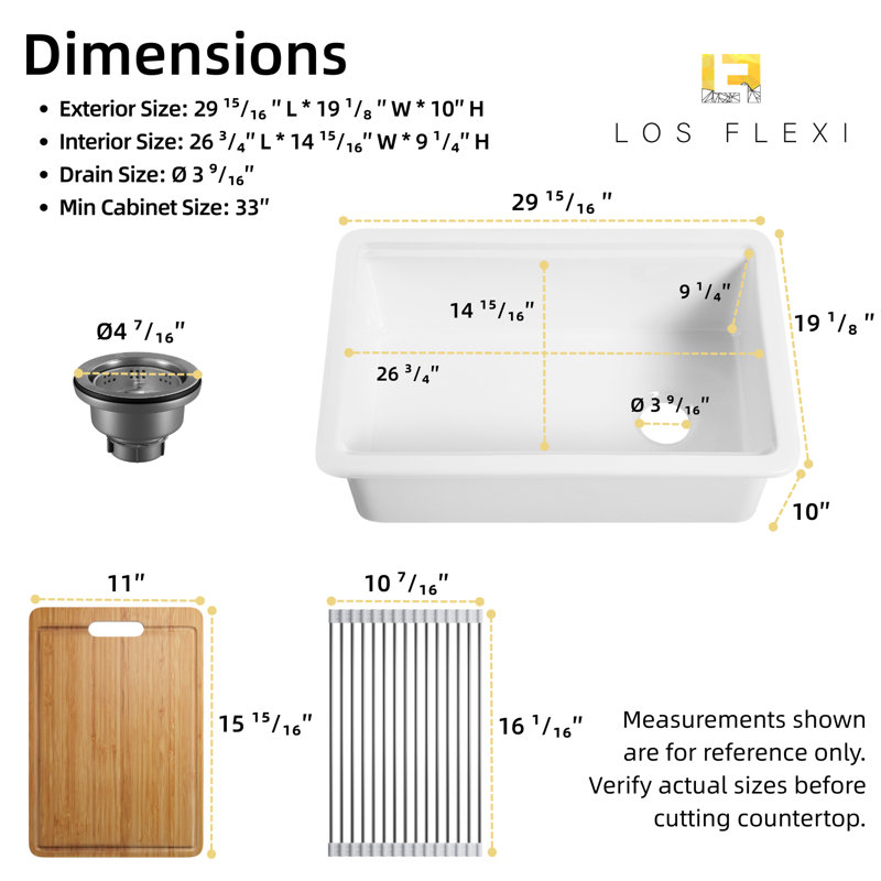 Évier de cuisine encastré / encastré en argile réfractaire Los Flexi, H 10 po x L 29,92 po x l 19,09 po