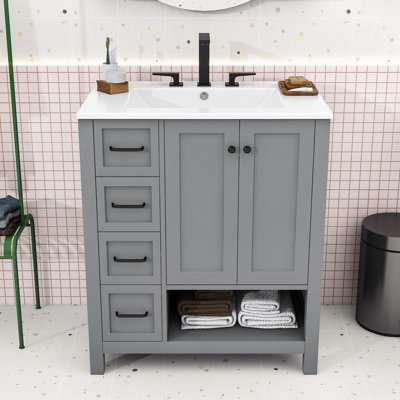Meuble-lavabo en bois avec comptoir, 2 tiroirs et portes