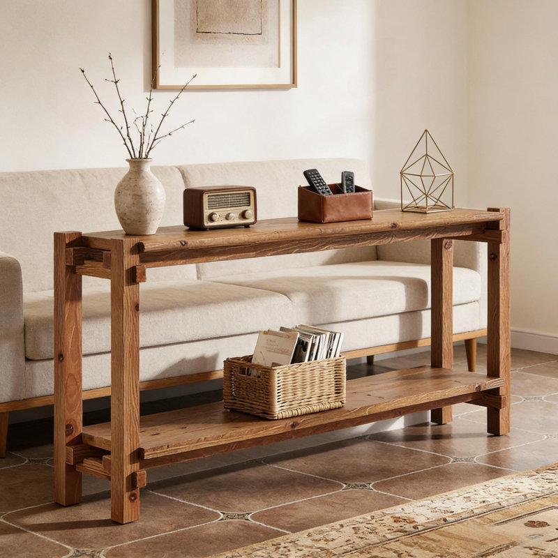 63" Solid Wood Console Table with Dual Shelves