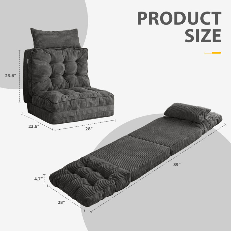 Canapé-lit Corduroy, Velours côtelé gris, H 4,7 po x l 28 po x P 89 po