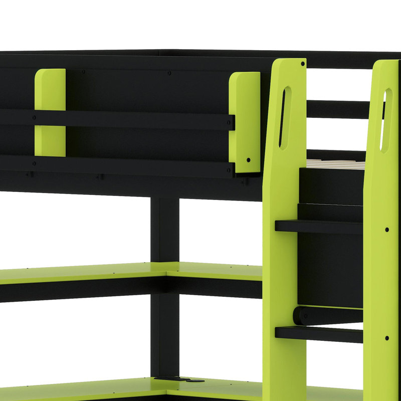 Lit mezzanine tout-en-un avec bureau d'étude, support latéral pour accessoires, grandes tablettes et lumières d'ambiance RVB dynamiques