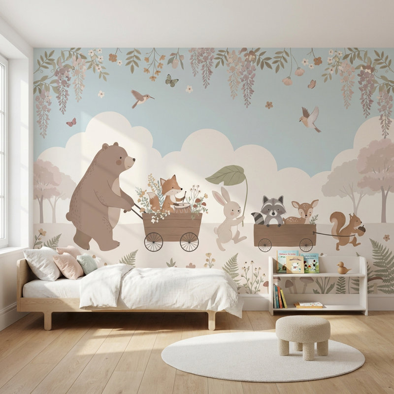 Whimsical Animals Wallpaper Pastel Nature Wall Mural, 140"x108", Peler et coller