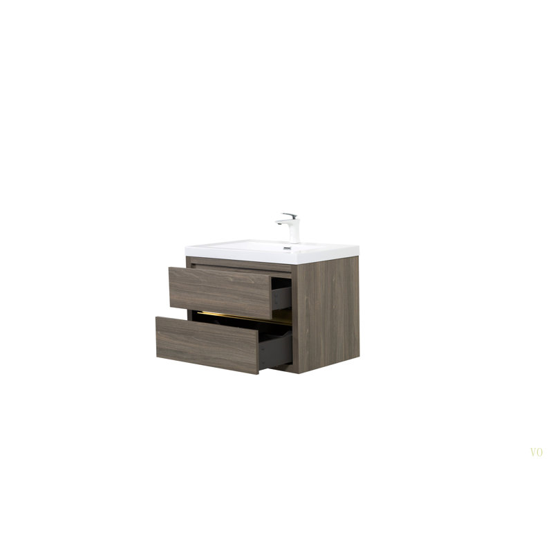 Meuble-lavabo mural de 30 po avec lavabo, armoire de rangement flottante avec comptoir en résine de pierre et tiroirs à fermeture en douceur entièrement assemblés