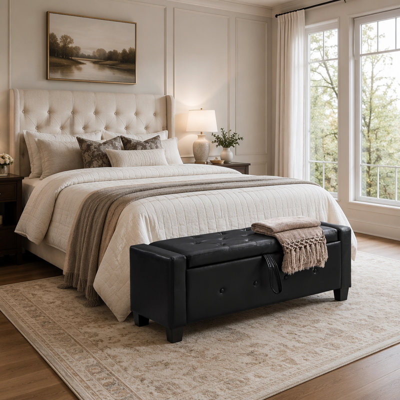 Élégant banc repose-pieds avec rangement en similicuir pour une utilisation polyvalente dans les chambres à coucher, les salons et les couloirs