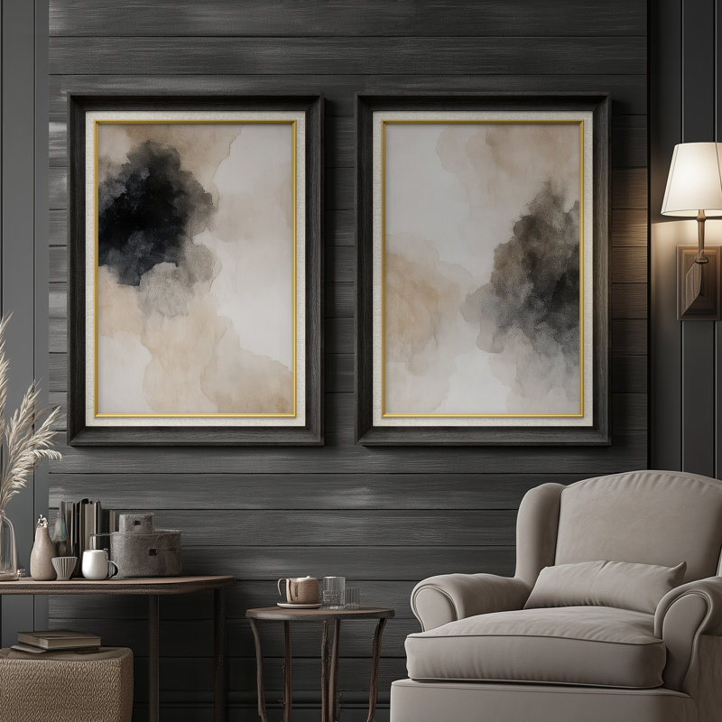 «Moody Ink Cloud Abstract Neutral Atmosphere», ensemble de 2 reproductions d'art encadrées sur papier de qualité supérieure 26 po x 36 po