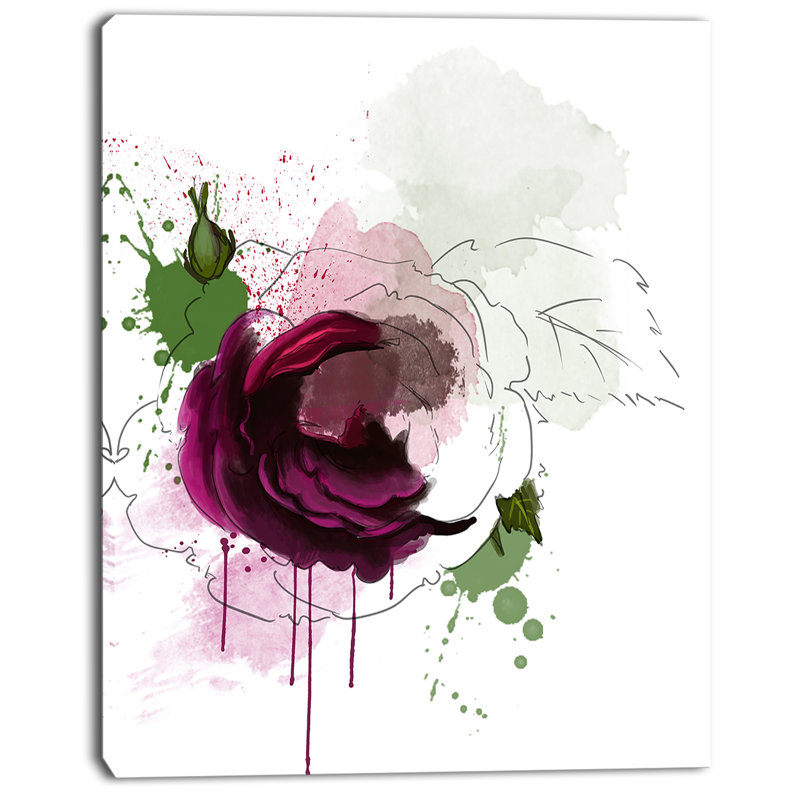 Large Purple Rose Sketch Watercolor Canvas Art
