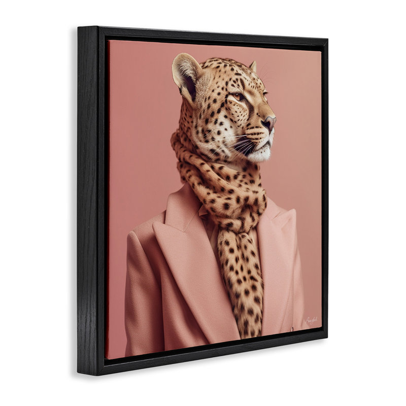 Portrait de guépard à la mode, H 18 po x l 18 po, Cadre flottant noir de jais
