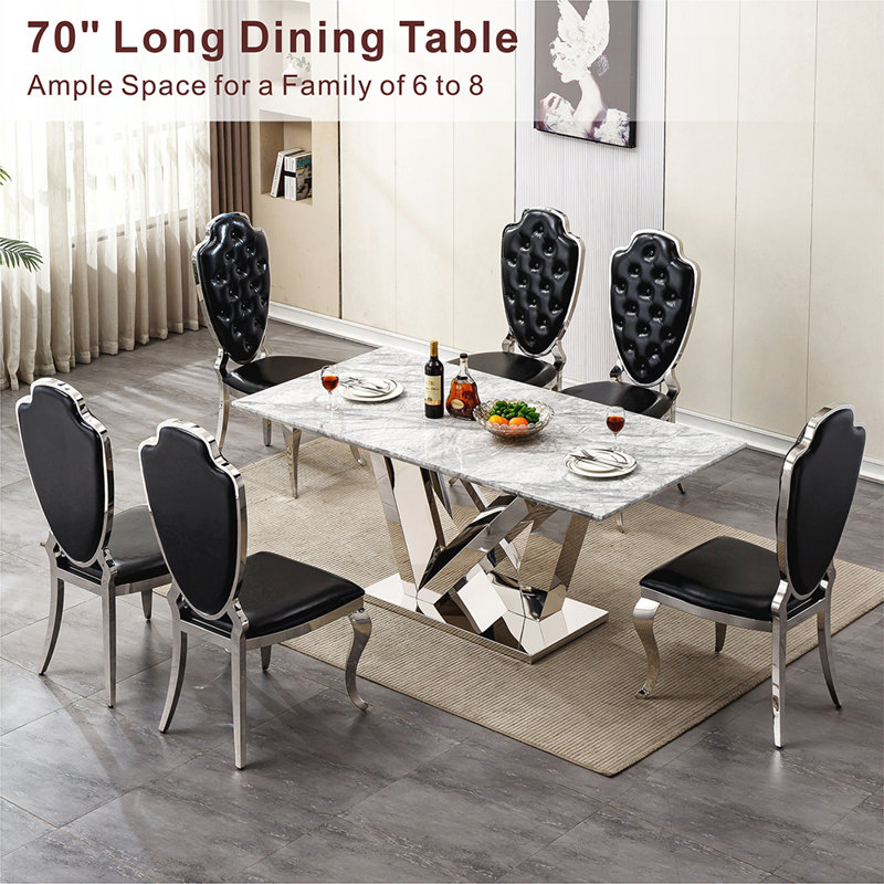 Table de salle à manger moderne en faux marbre avec base en acier inoxydable chromé, pour les espaces contemporains, Gris