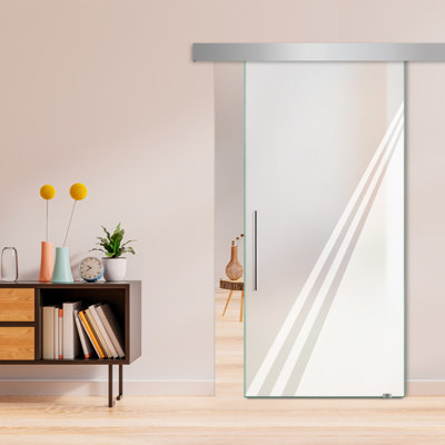 Porte de grange coulissante en verre sans cadre avec design moderne sablé + ensemble de quincaillerie (double-privée)