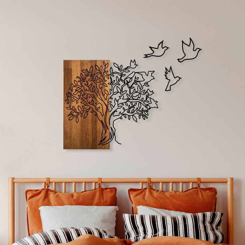 Élégant accessoire mural décoratif en bois, noyer et noir, 24,0 po x 22,8 po | 100% bois (épaisseur: 1,2 po) et métal (épaisseur: 0,06 po) | Conception murale polyvalente parfaite pour la décoration intérieure