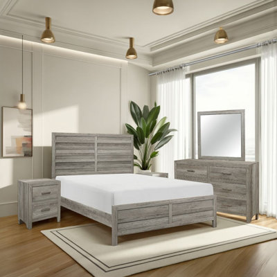 Ensemble de chambre à coucher grand format 4 pièces Kade, panneau à lattes, finition gris patiné