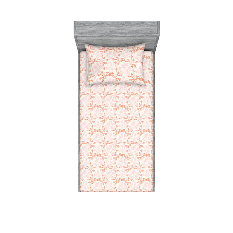 Ambesonne Fitted Sheet & Shams, Twin XL Sheet Set with 1 Pillowcase, Salmon Rose/Off White Flower