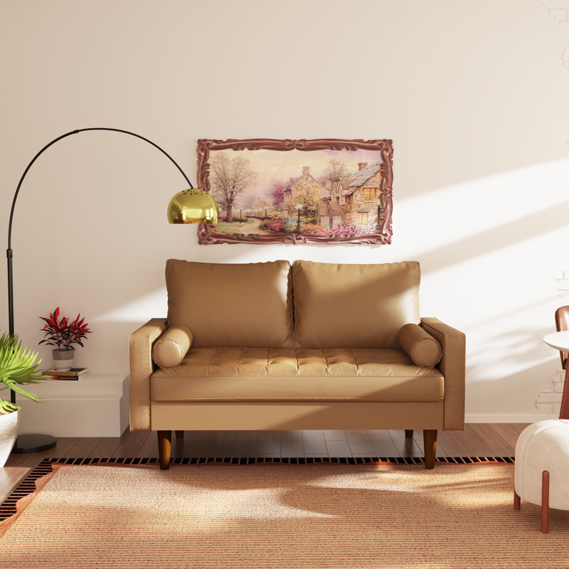 58" Faux Leather Square Arm Loveseat, Brown Faux Leather