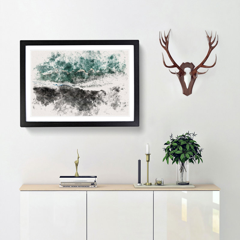 Above The Black Sand Beach In Iceland Watercolour - Single Picture Frame Print on MDF, 45cm H x 63cm W x 2cm D, Black Framed