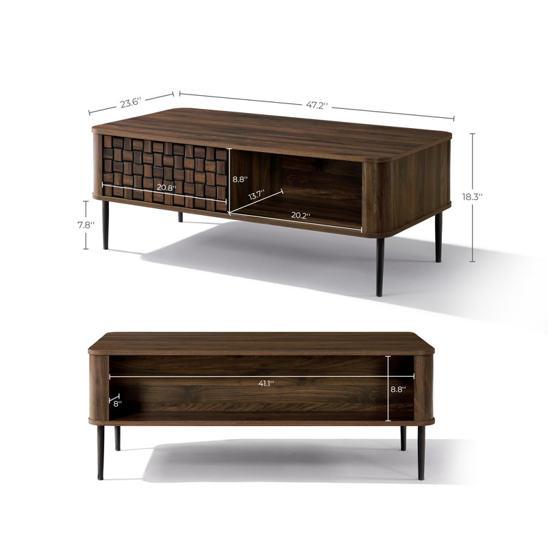 47.2'' Mid Century Modern Coffee Table, Dark Oak Wood Coffee Table with Storage Drawer and Open Shelf