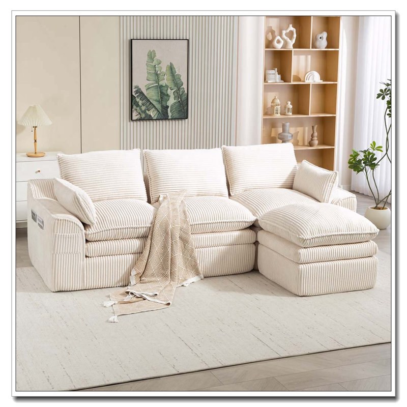 Modern L Shaped Compressed Modular Sectional Sofa, Beige