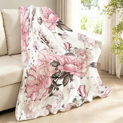 Jeté en molleton blanc ultra doux en flanelle, sans couture, imprimé rose