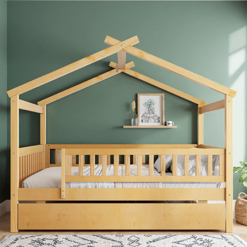 Créez la magie de l'enfance: lit en bois naturel avec lit gigogne simple Secret, Lit double, Naturel