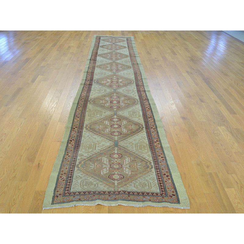 Tapis de la laine vert/brun 3 pi 1 po x 14 pi, en laine de chemin de années 1900 anatolian vert/brun à la main one-of-kind noué la