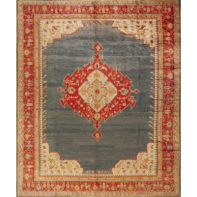 Bold Open Light Blue Field Tribal Antique Red Medallion Design Turkish Angora Oushak Rug