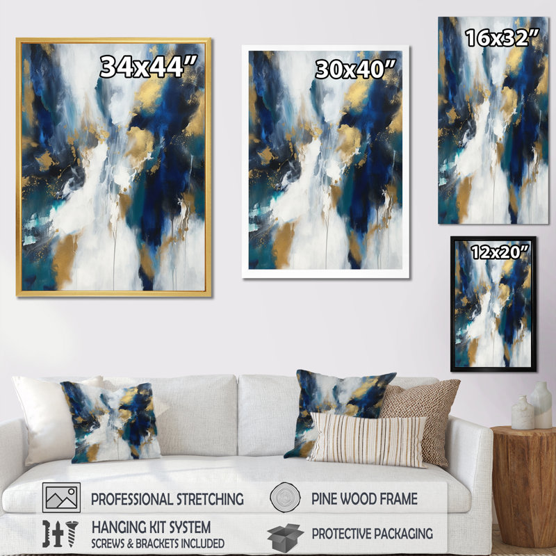 Indigo éveillant abstrait en bleu et or - peinture abstraite grand art mural, H 44 po x l 34 po, Gold