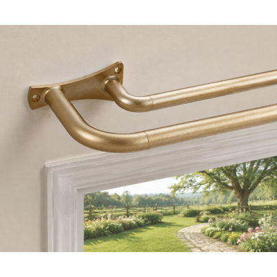 Antique gold wrap-around double curtain rods for room darkening, adjustable from 72-144" with a 3/4" front rod and 5/8" back rod.