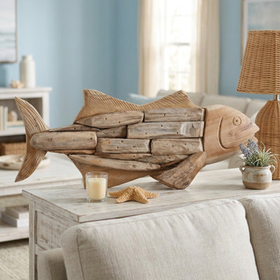 Decorative Teak Wood Sculptural Fish Figurine Accent For Home Decor - Coastal Rustic Nautical Decor For Living Room Or Bedroom - Brown & Tan