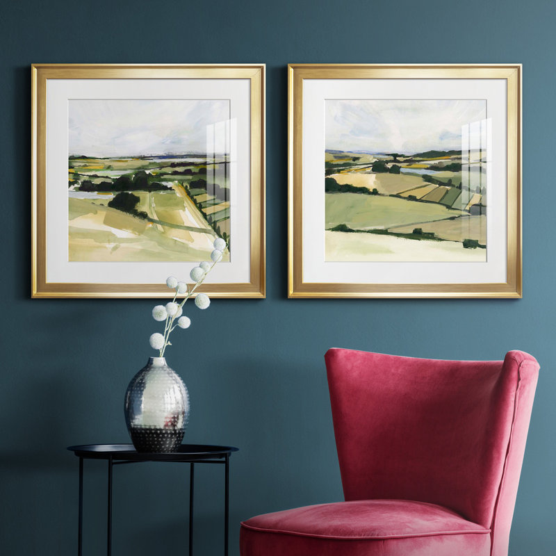 «Patchy Landscape I», ensemble de 2 reproductions d'art encadrées, Papier encadré doré, H 17,5 po x l 35 po x P 1,5 po, Blanc