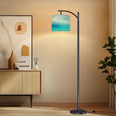 Arc Floor Lamp with Adjustable Lampshade Teal Blue Watercolor Standing Lamp 3 Color Temperatures Dimmable Tall Pole Lamp with Foot Switch for Bedroom