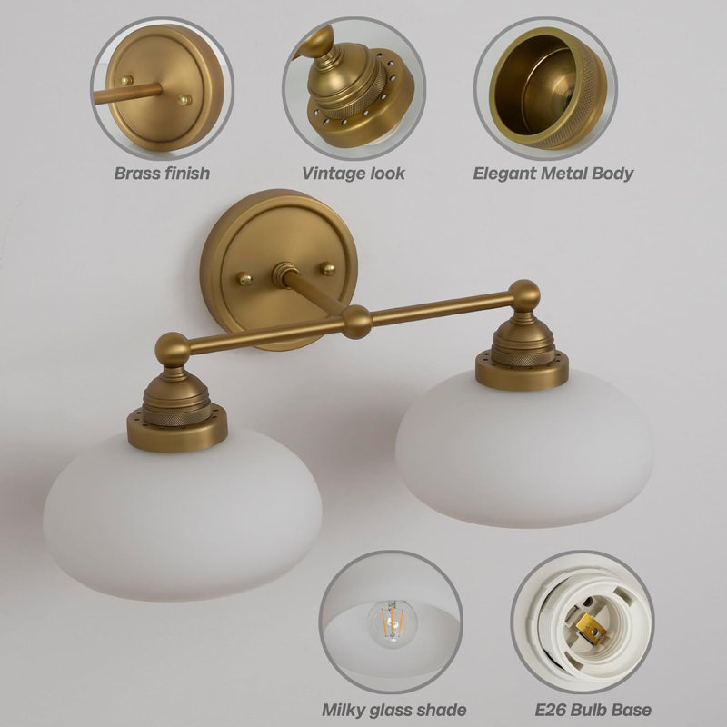 Vintage 2-Light Wall Sconce With Milk White Glass Shade, Double Arm Wall Lamp For Living Room, Dining Room, Bedroom, Hallway, Antique Style