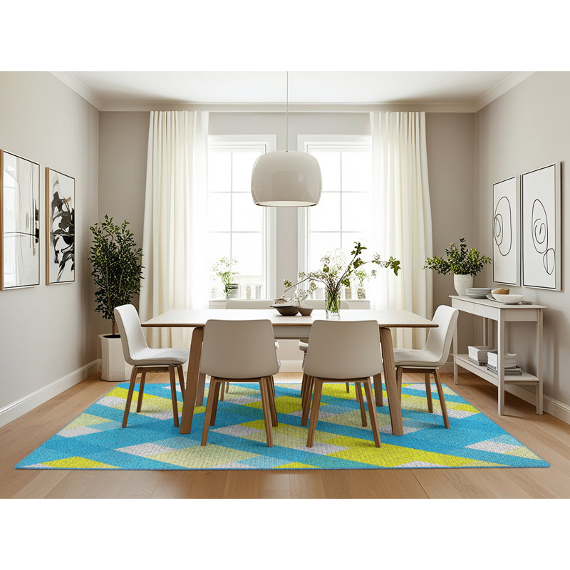 Tapis bleu/jaune tissé à la machine, Rectangle 7 pi x 10 pi