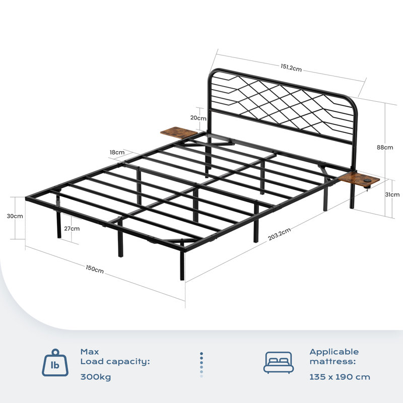 Aether Floating Metal Bed Frame with Charging & LED Lighting & Shelves, No Box Spring Needed, Kingsize (5')
