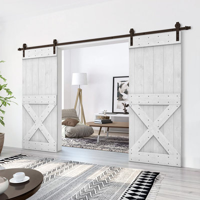 Panelled Wood Stained Mini X Series Double DIY Barn Door With Sliding Hardware Kit