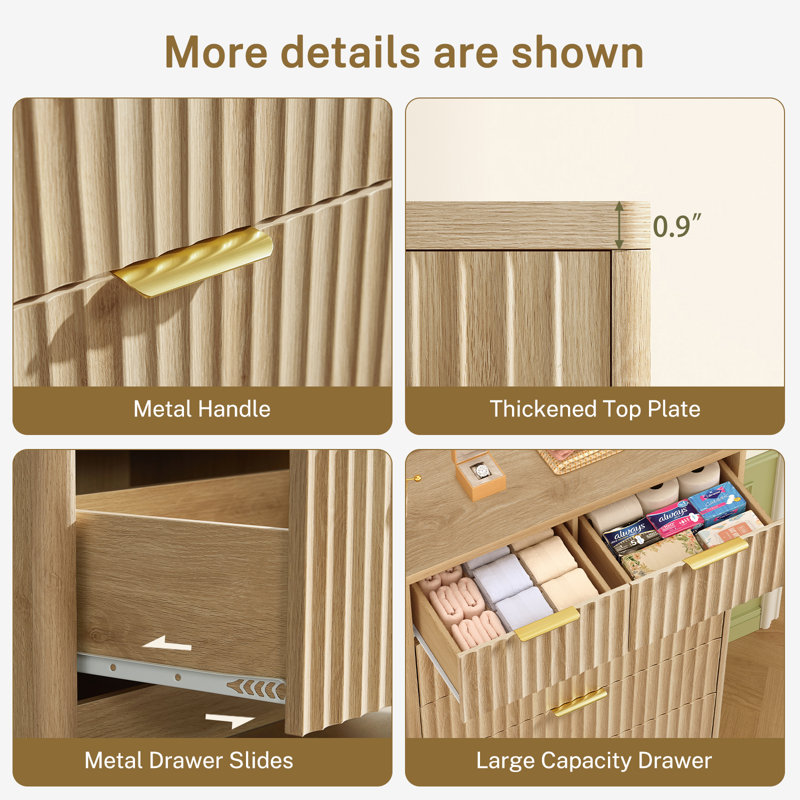 Fluted 7 Drawer Dresser, Wood Chest of Drawers, For Bedroom, Natural, Beige