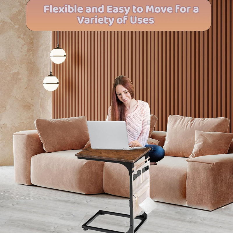 C Shaped End Table For Couch Small Side Tables For Bedroom With Storage Bag Sofa Table For Small Spaces Morden TV Tray Table With Metal Frame For Living Room Suitable As Bedside Coffee Laptop Table