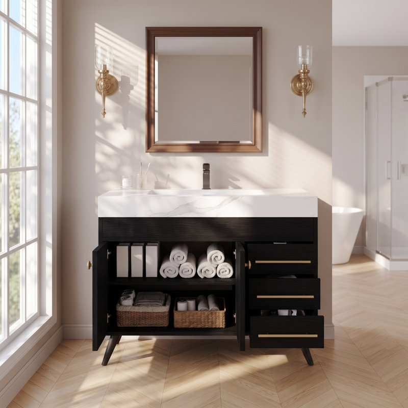 Meuble-lavabo simple sur pied noir de 91 cm (36 po) avec lavabo en céramique, comptoir en pierre frittée veinée blanche et 3 tiroirs