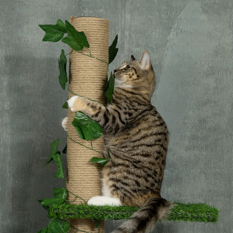 242cm Floor to Ceiling Cat Tree with Leaves Scratching Post Green