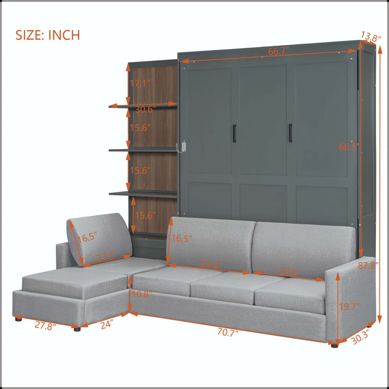 Grand lit escamotable avec canapé et tablettes, Gris