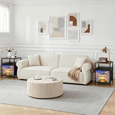 Table de chevet 2 tiroirs avec station de charge, table de chevet pour chambre à coucher avec ports USB, tablette ouverte noire, table de chevet avec imprimé arc-en-ciel vibrant et coucher de soleil