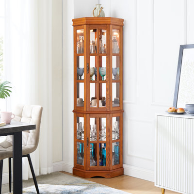 5-Shelf Corner Lighting Cabinet With Oak Touch Oak 5 Shelf Formation And