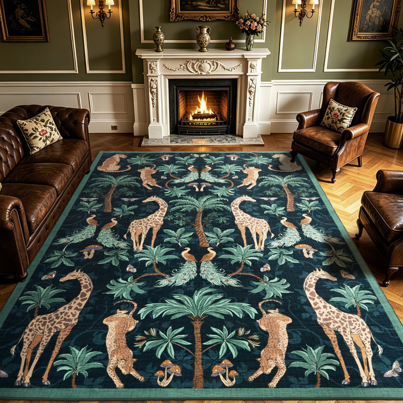 Tapis lavable à motif botanique tropical, Blue, Rectangle 8' x 10'